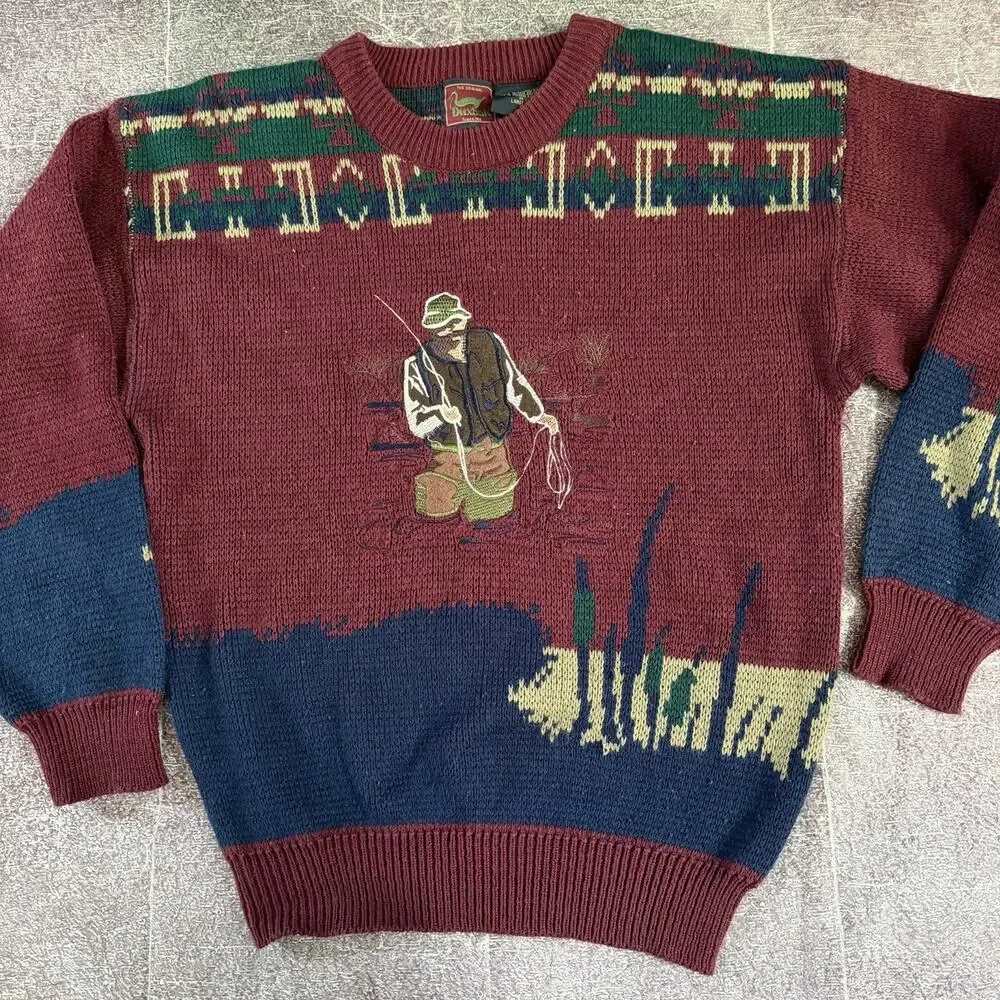 Men's Vintage 90's Duxbak Maroon Fly Fisherman Pullover Crewneck Sweater Sz L